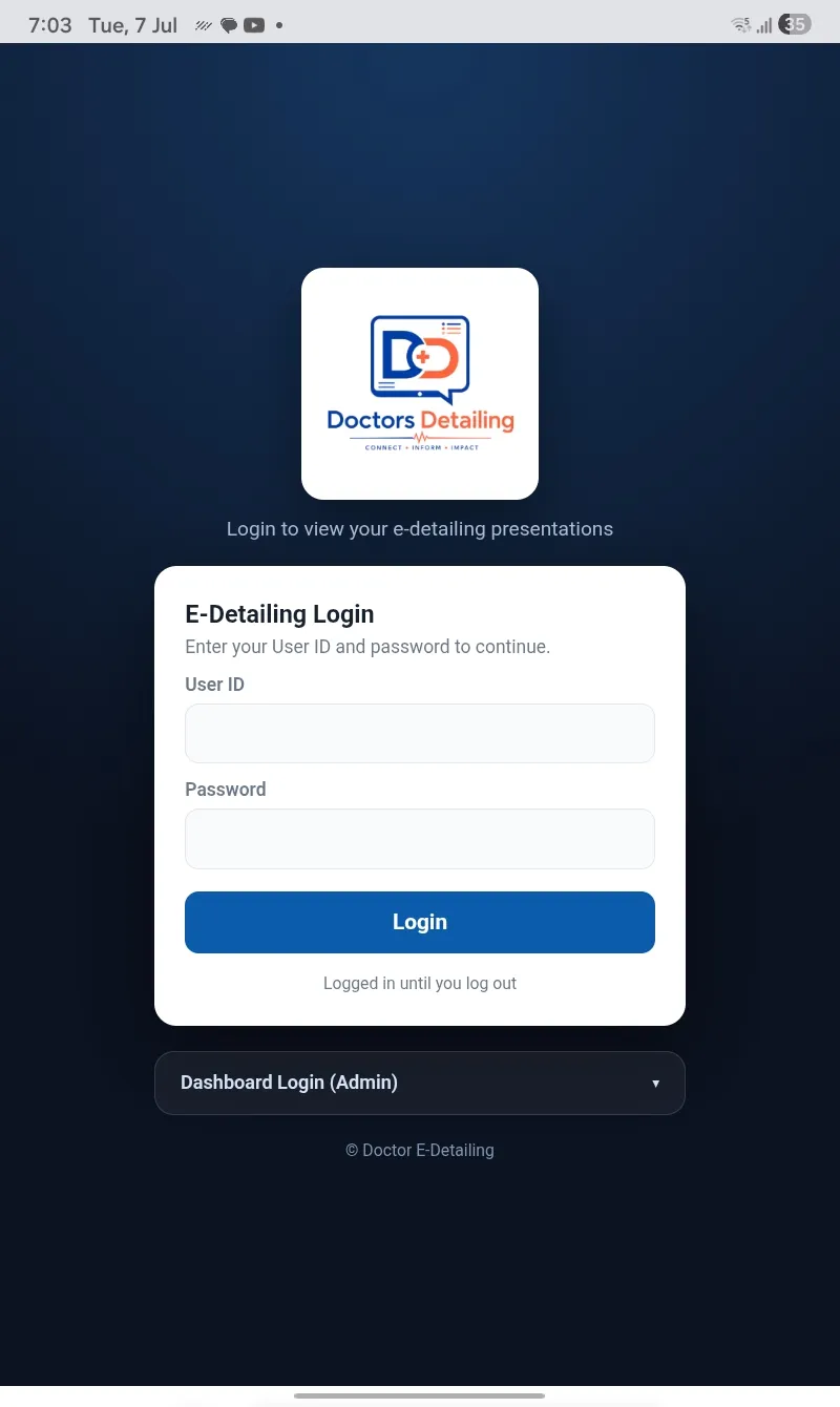 Doctors Detailing MR app login screen